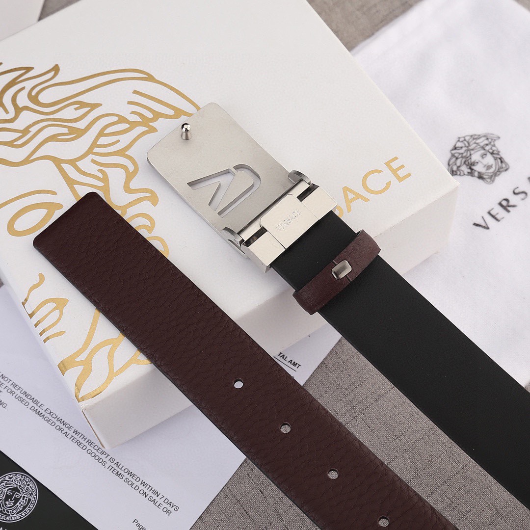宽度3.5cm VERSACE（范思哲）爆款板扣配摔纹无线带身/双面头层、采用精挑细选进口牛皮，商务既有