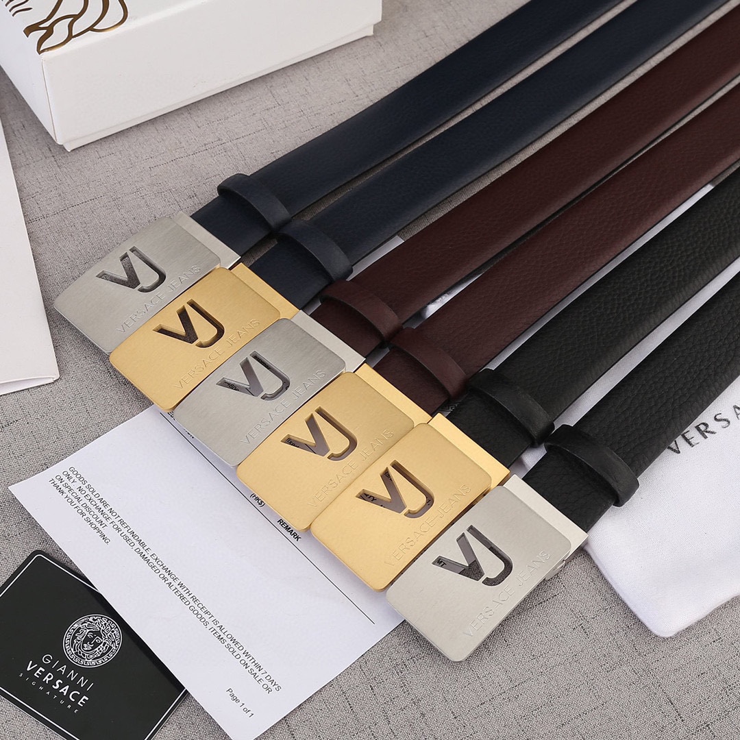 宽度3.5cm VERSACE（范思哲）爆款板扣配摔纹无线带身/双面头层、采用精挑细选进口牛皮，商务既有