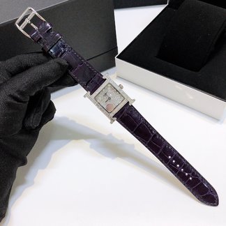 Hermes Watch Blue Pink Set With Diamonds Cowhide Crocodile Leather Alligator Strap
