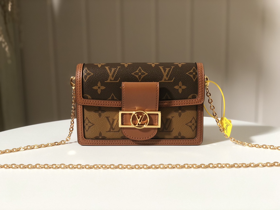 Louis Vuitton LV Dauphine Bags Handbags Gold Splicing Monogram Reverse Canvas Vintage Chains M68746