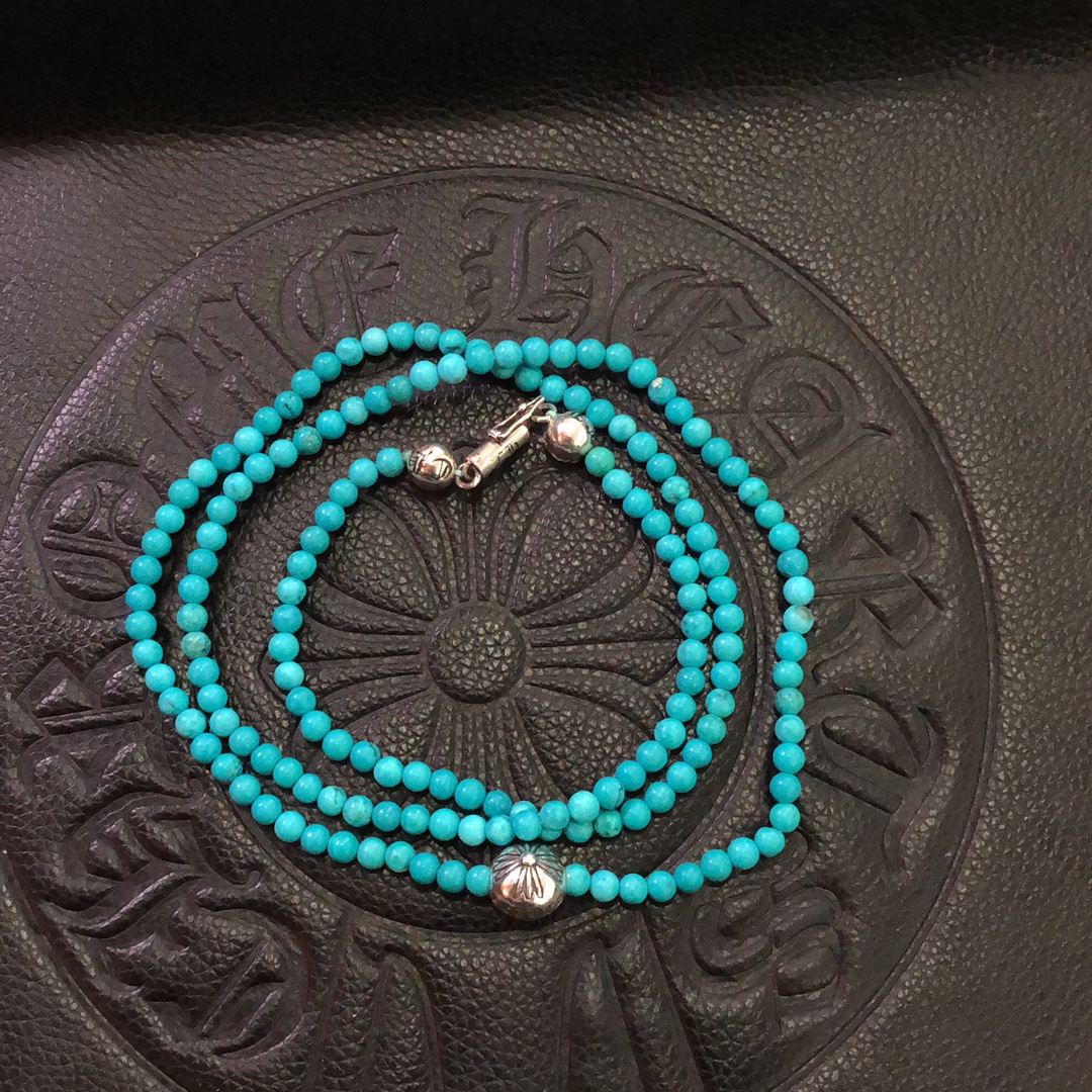 Chrome Hearts 新品上架𝐂𝐡𝐫𝐨𝐦𝐞 𝐡𝐞𝐚𝐫𝐭𝐬 克罗心4mm绿松石长银饰项链手链