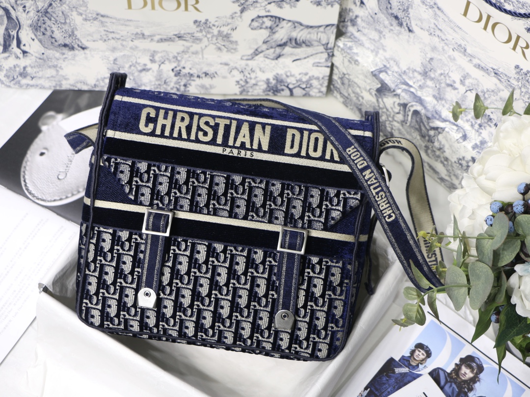 DIOR Camp Blue Velvet Messenger Bag Embroidered Oblique Motif Flap