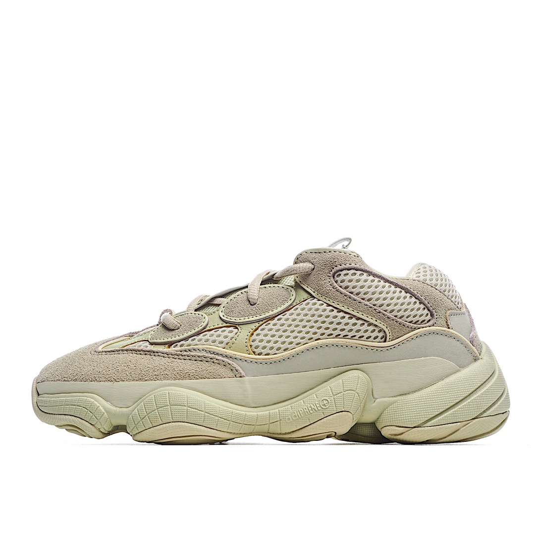 I0 Adidas 阿迪达斯 YEEZY 500椰子3M反光复古老爹跑鞋原厂3M反光条 市场独家真35码后跟V形结合人体工程学保证双脚舒适性鞋身与正品一致由合成革、麂皮和网面多种材质精心车缝拼接而成 搭载了adiprene减震科技大底，给人上脚以舒适平稳百搭而著称
