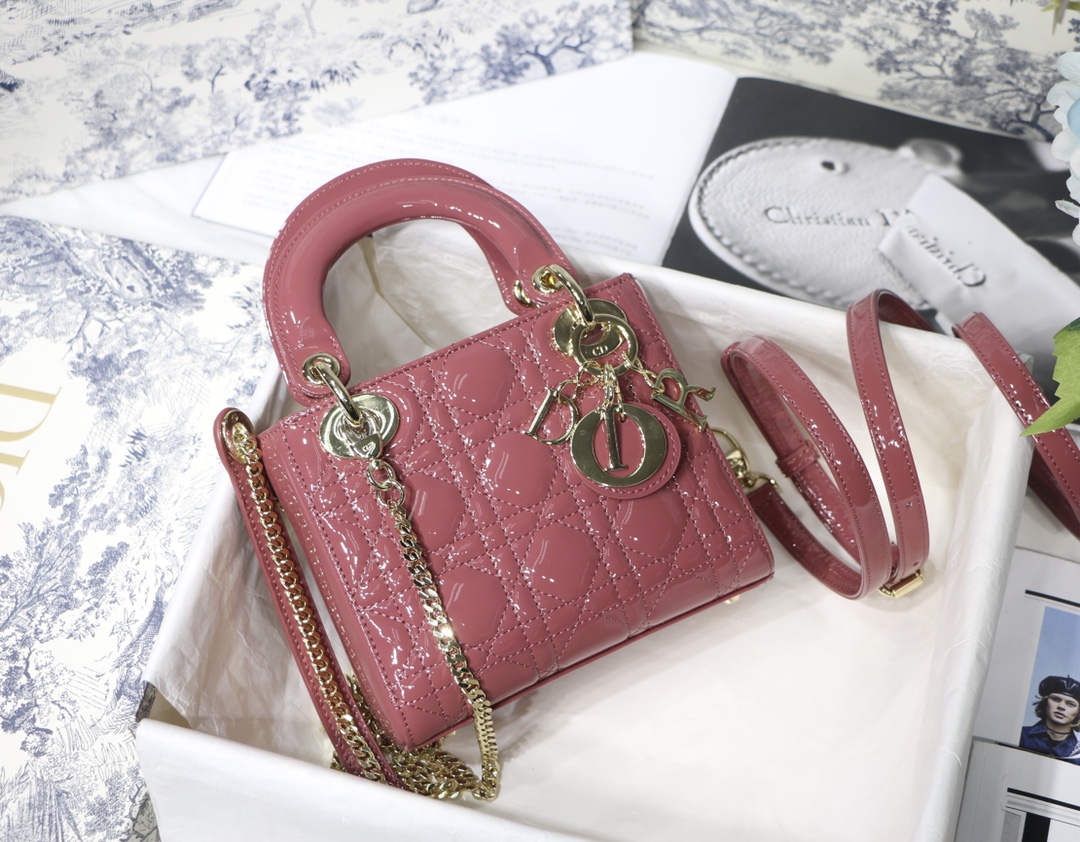 Lady Dior Bag Patent Calfskin Cannage Double Chain Handbag Crossbody