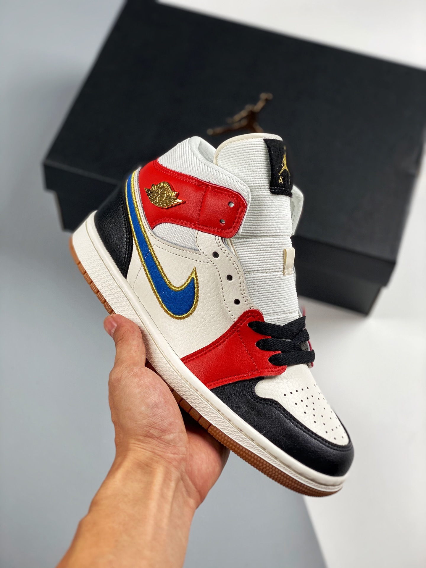 Air Jordan 1 Mid negro rojo azul serie mid, nuevo lote, suela original con molde original, cuero personalizado de fábri…