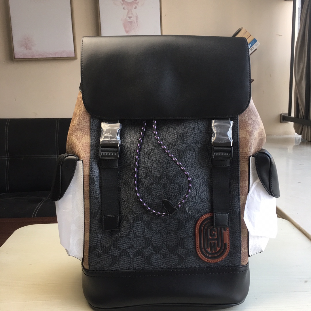 Coach COACH蔻驰5091黑色 男士老花帆布双肩背包男士双肩包 内置拉链/手机/多功能袋 内置安全扣口袋