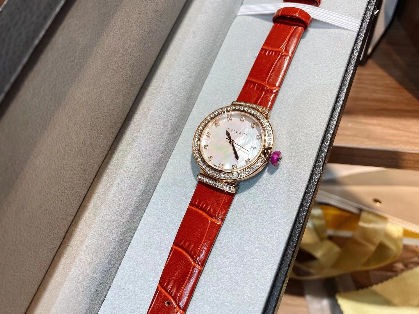 Bvlgari Lvcea rose gold diamond-set case and bezel, white mother-of-pearl dial, red alligator strap 33mm Women's Automatic