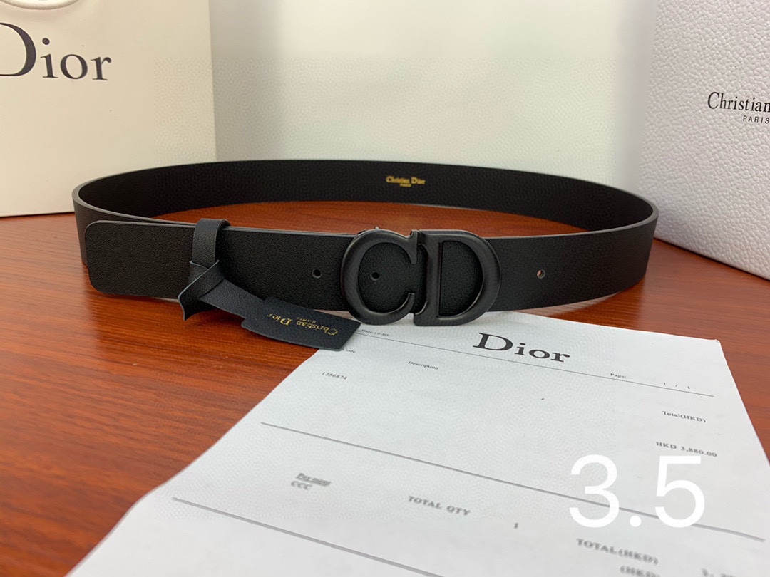 Dior（迪奧）爆款平面無線帶身/Saddle黑色牛皮革皮带 金色复古金属“CD”标志