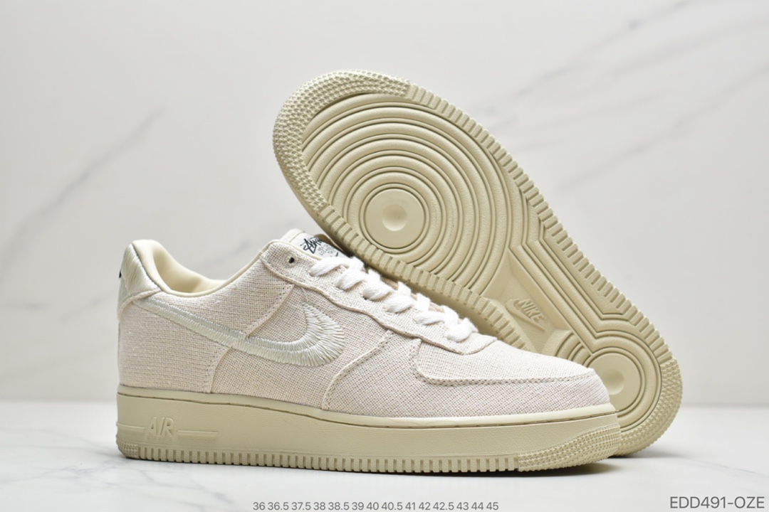 330 Stussy斯图西 x Nike Air Force 1 '07 Low”Black Cool”空军低帮经典板鞋“米白麻布电绣钩子”CZ9084-200