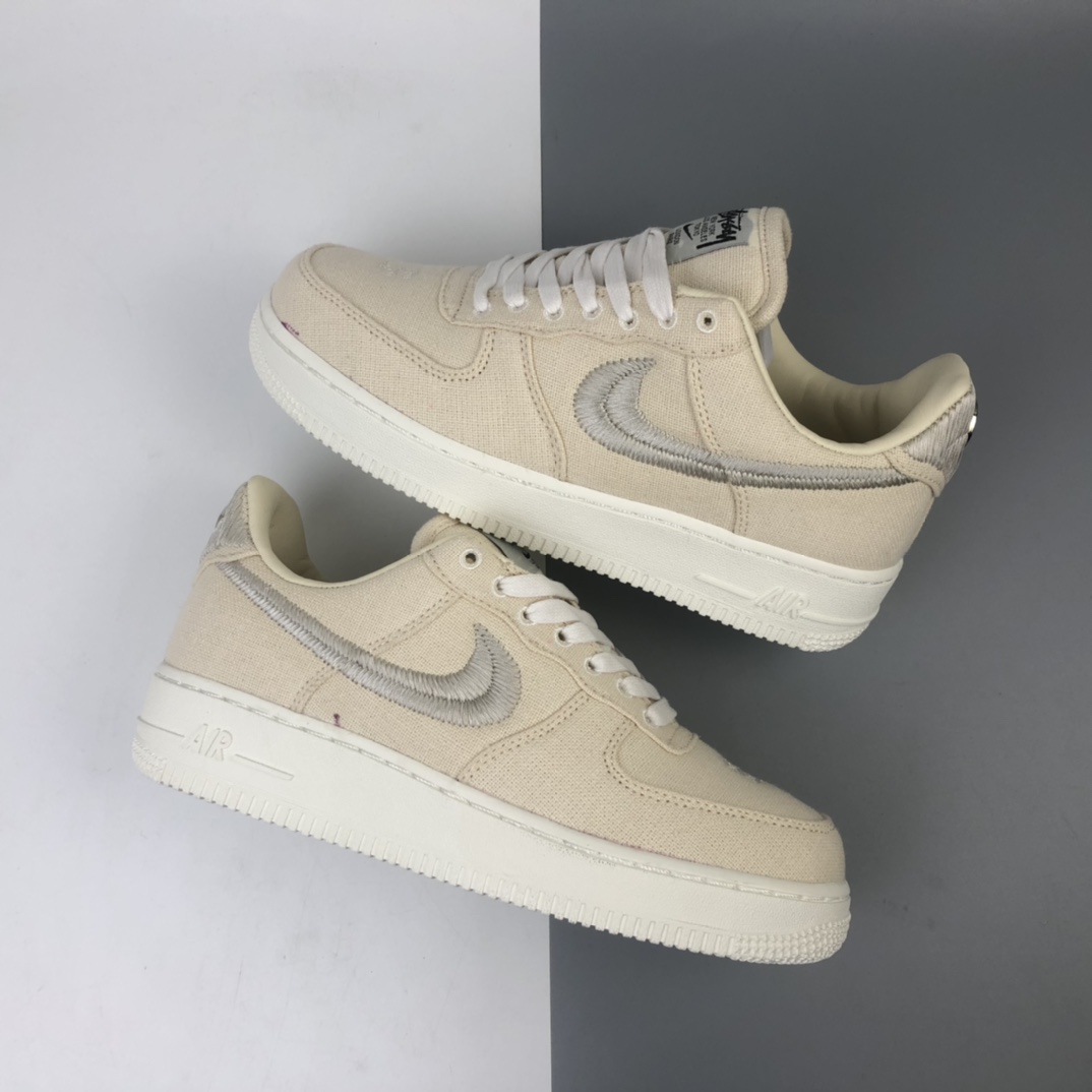 280 美国元祖街头潮牌Stussy斯图西 x Nike Air Force 1 '07 Low”Black Cool”空军低帮经典百搭休闲运动板鞋“奶黄白黑麻布电绣钩子”CZ9084-200