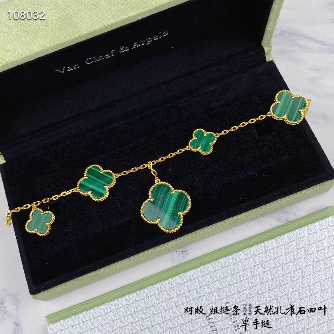 NO:639374,[High version] vca size spaced five-flower malachite sterling silver bracelet, Vca bracelet, bracelet, pure silver19860909【高版】 vca大小间隔五花孔雀石纯银手链,Vca手链,bracelet,pure silver,Jewelry