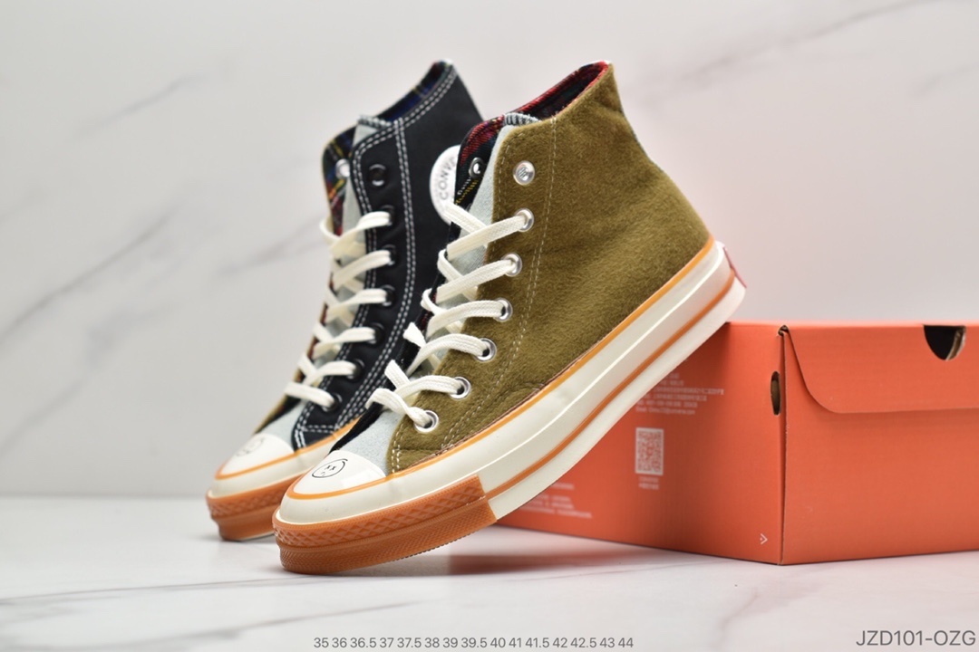 140 Converse Chuck Taylor 1970”Renew”复古高帮休闲硫化板鞋“涂鸦哭脸毛毯牛仔帆布拼接”169843C