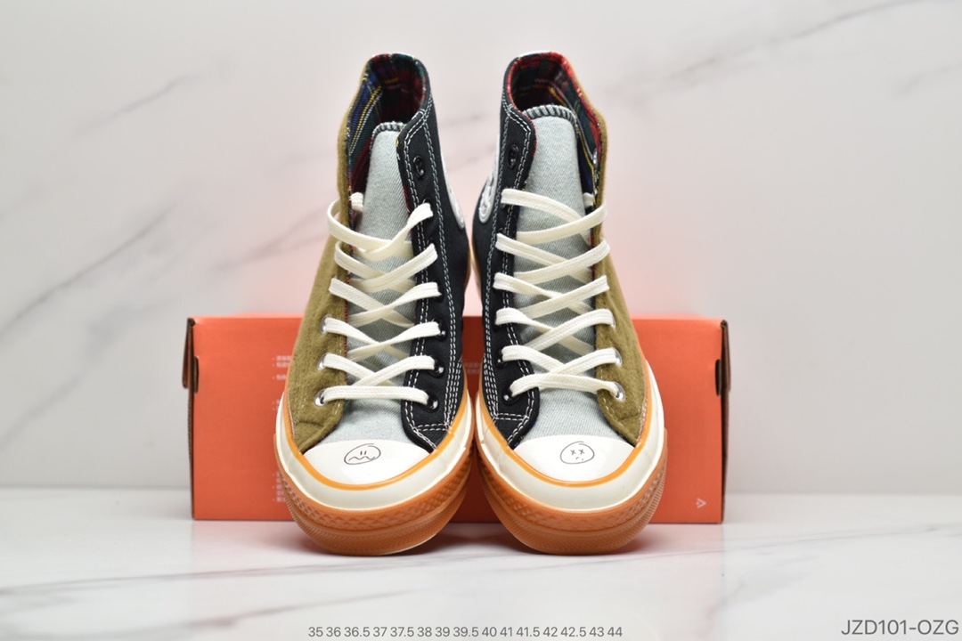 140 Converse Chuck Taylor 1970”Renew”复古高帮休闲硫化板鞋“涂鸦哭脸毛毯牛仔帆布拼接”169843C