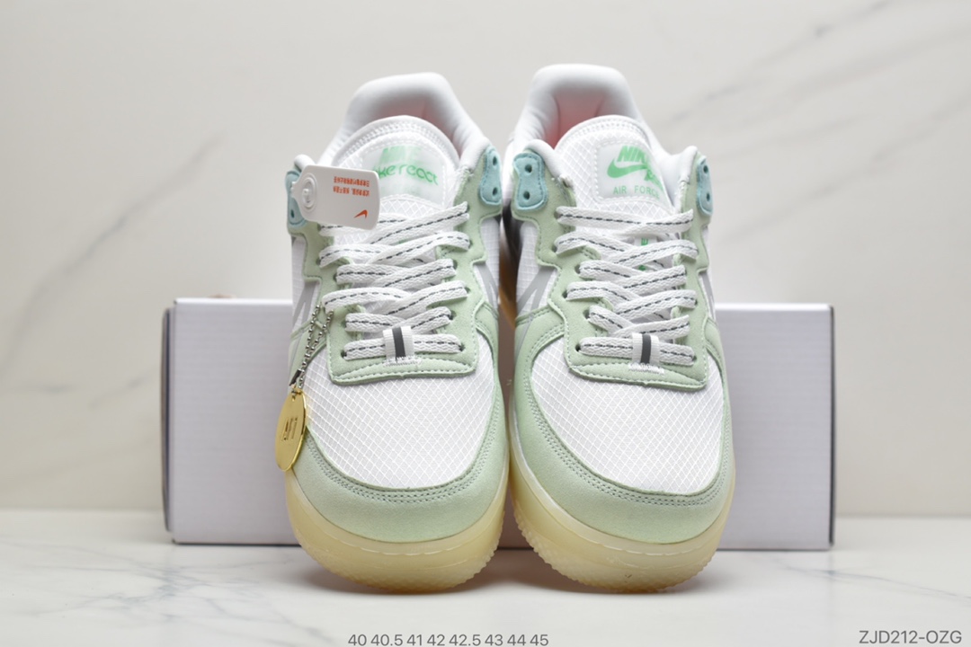 240 公司级耐克Nike Air Force 1 React D/MS/X”White/Light/Sail-Rush Ice” 薄荷夜绿 空军一号新型瑞亚轻量低帮百搭板鞋 货号#CQ8879-111