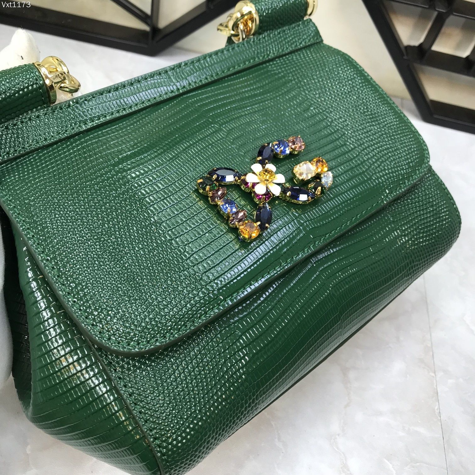 小号Dolce&Gabbana杜嘉班纳彩钻蜥蜴纹斜挎小包原单完美袋形进口头层蜥蜴纹牛皮定制真空高电镀五金