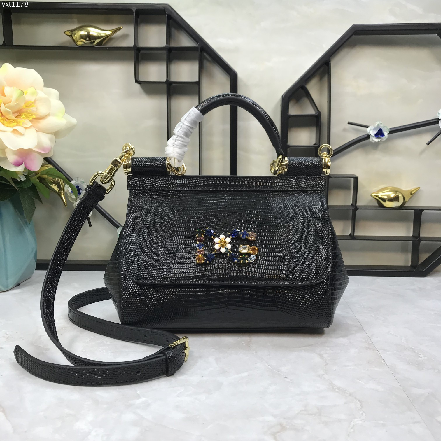 小号Dolce&Gabbana杜嘉班纳彩钻蜥蜴纹斜挎小包原单完美袋形进口头层蜥蜴纹牛皮定制真空高电镀五金