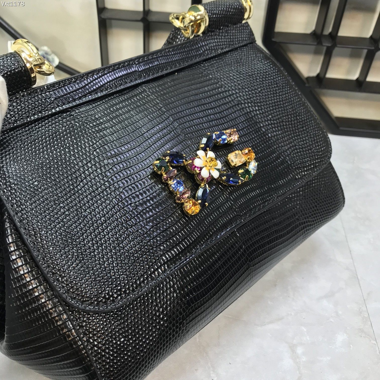 小号Dolce&Gabbana杜嘉班纳彩钻蜥蜴纹斜挎小包原单完美袋形进口头层蜥蜴纹牛皮定制真空高电镀五金