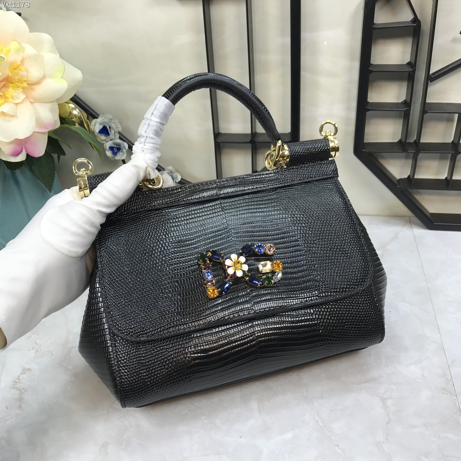 小号Dolce&Gabbana杜嘉班纳彩钻蜥蜴纹斜挎小包原单完美袋形进口头层蜥蜴纹牛皮定制真空高电镀五金