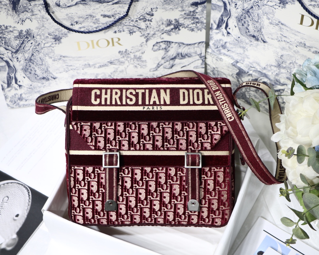 DIOR Camp Velvet Messenger Bag Embroidered Oblique Motif Flap