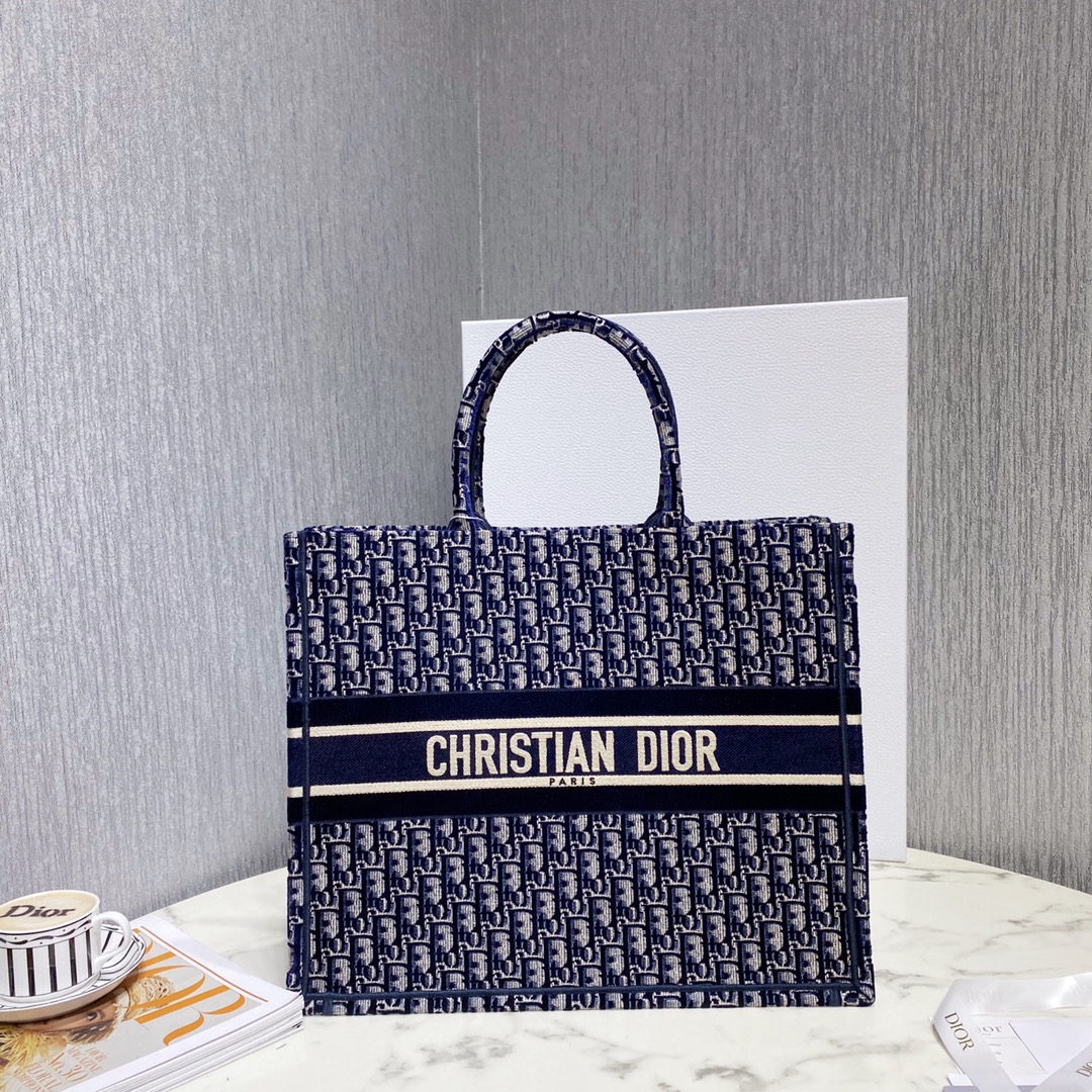 Dior Book Tote Handbags Tote Bags Blue Embroidery Velvet Oblique