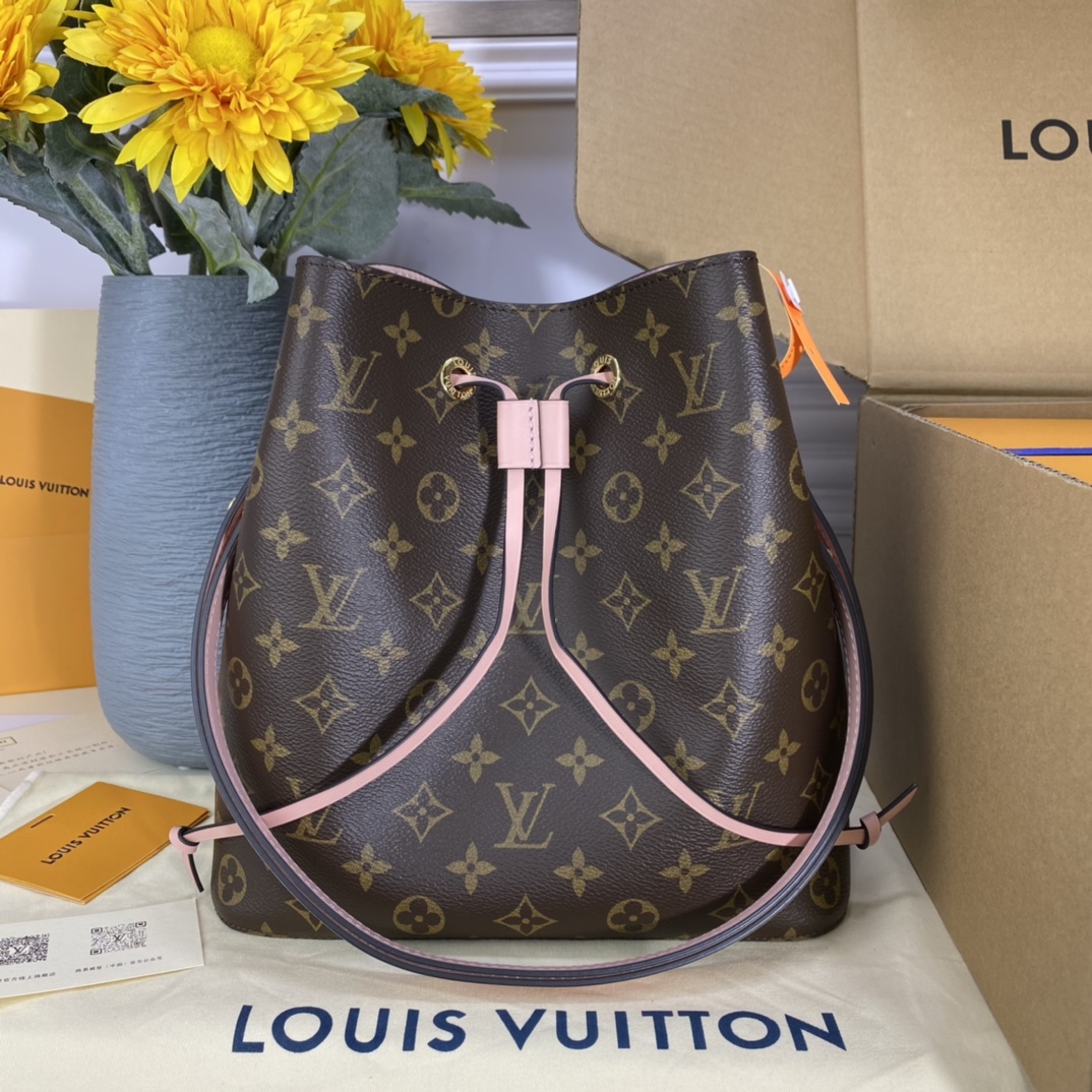 Only sell high-quality
 Louis Vuitton LV NeoNoe Bucket Bags Gold Pink Monogram Canvas Calfskin Cowhide Spring Collection