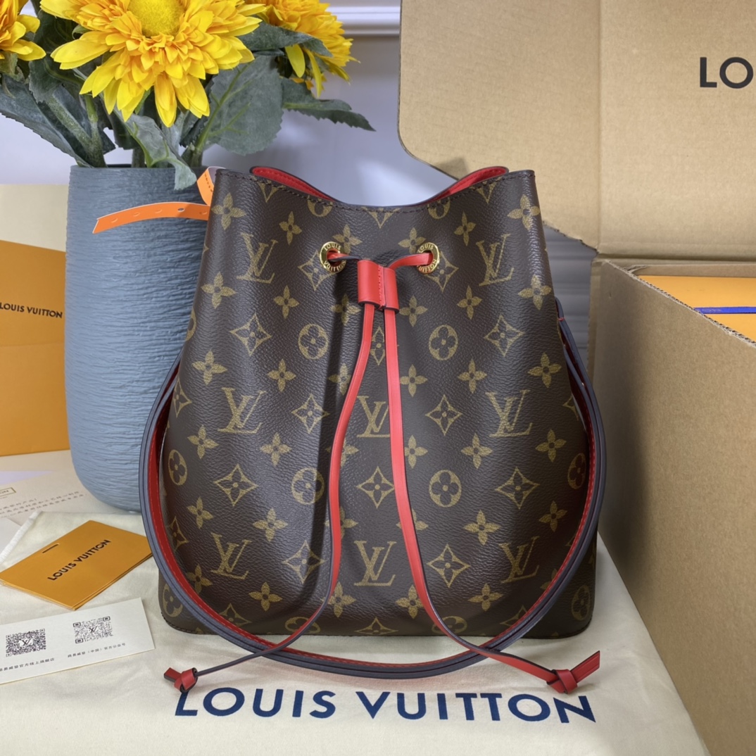 Louis Vuitton LV NeoNoe Bucket Bags Gold Red Monogram Canvas Calfskin Cowhide Spring Collection