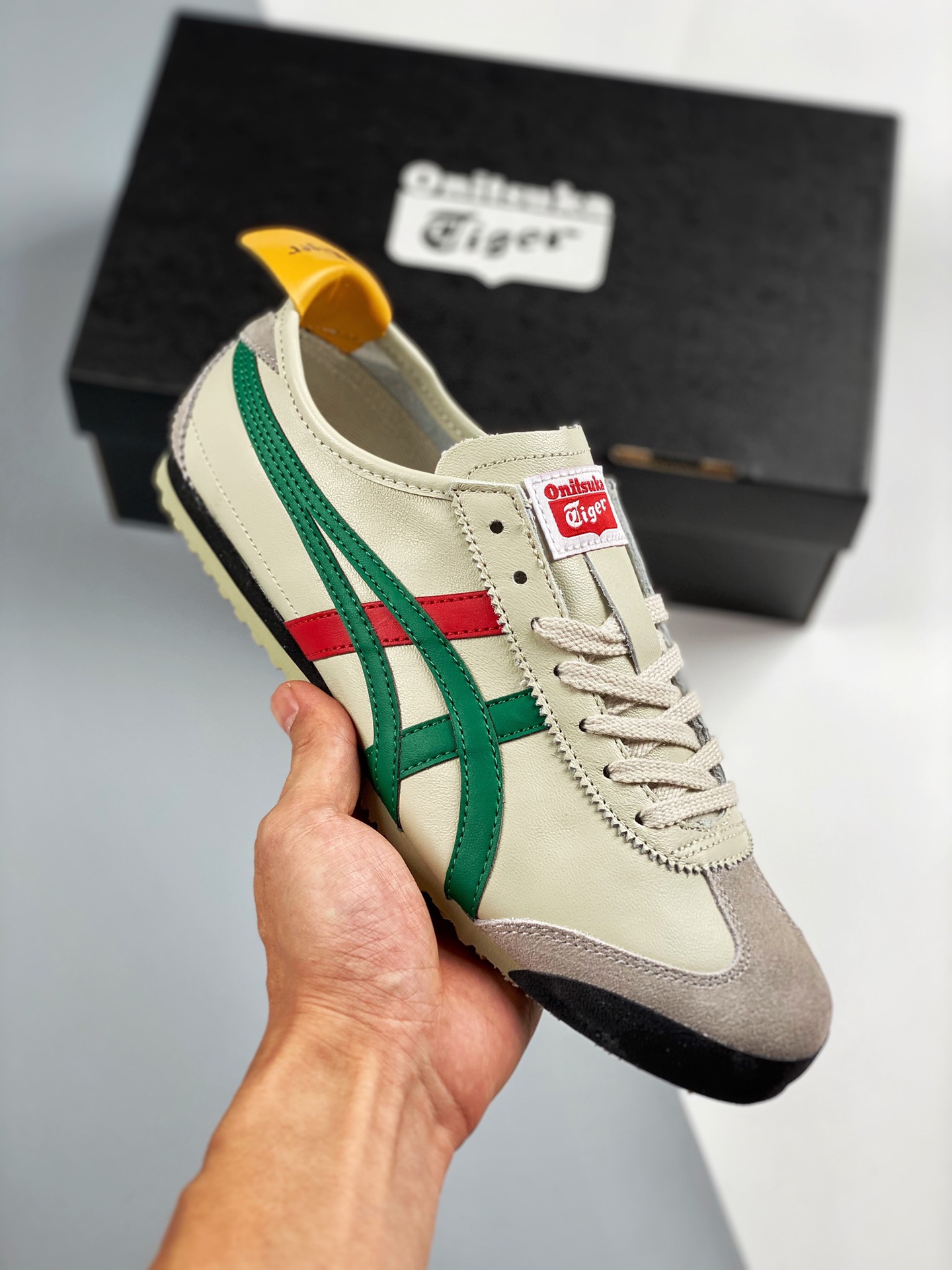 Asics Onitsuka Tiger color gris, rojo y verde, versión escaneable, etiqueta original de piel de cordero de primera capa…