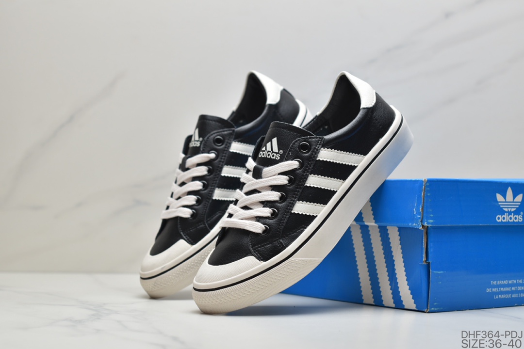 95 阿迪达斯三叶草Adidas Nizza Low”Black/White”半截式包胶鞋头校园低帮休闲运动板鞋“黑白”CQ2332