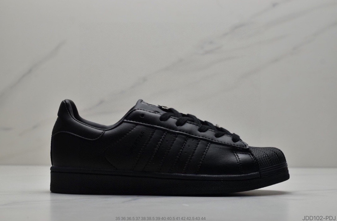 120 公司级头层软底Adidas三叶草Superstar贝壳头头层皮软蓝底情侣全黑贝壳头板鞋AF5666