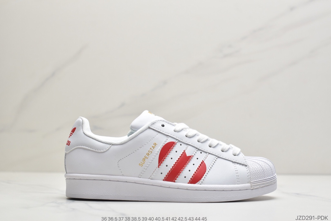 140 公司级阿迪达斯Adidas superstar“Valentine’s Day”贝壳头经典百搭休闲运动板鞋“皮革白红3杠爱心”EG3396