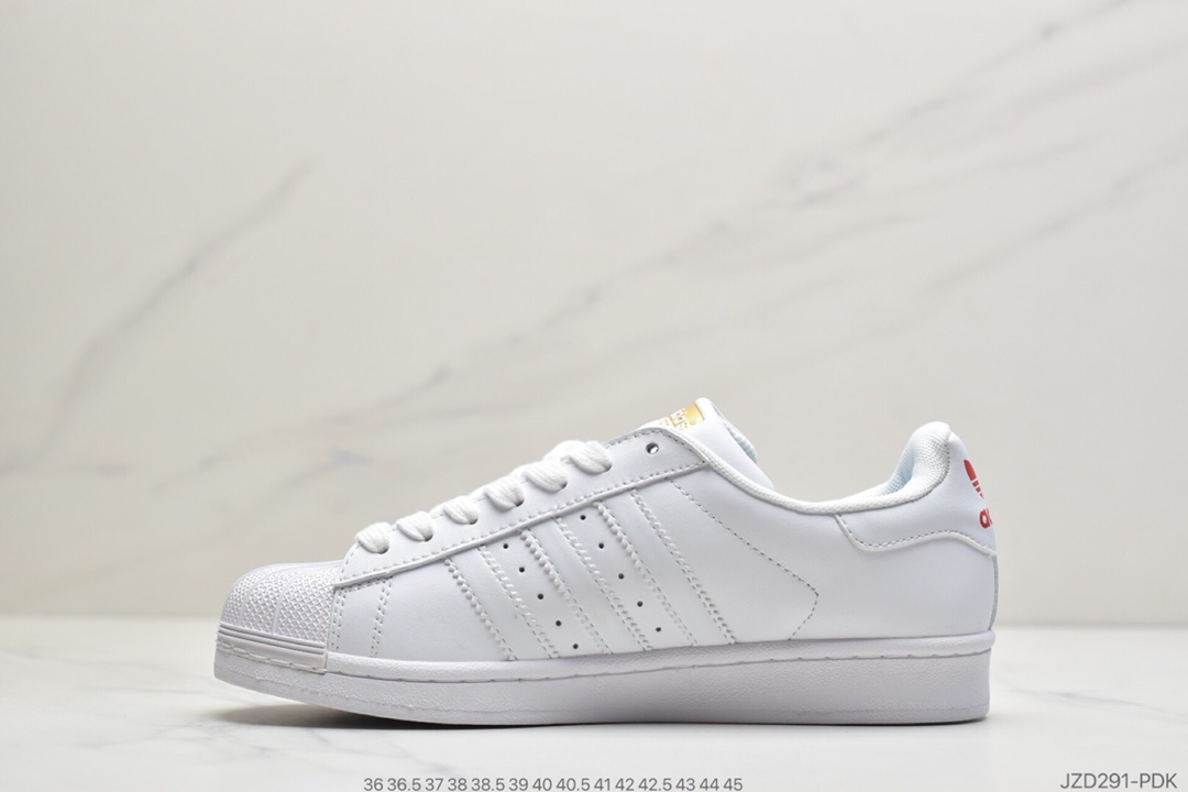 140 公司级阿迪达斯Adidas superstar“Valentine’s Day”贝壳头经典百搭休闲运动板鞋“皮革白红3杠爱心”EG3396