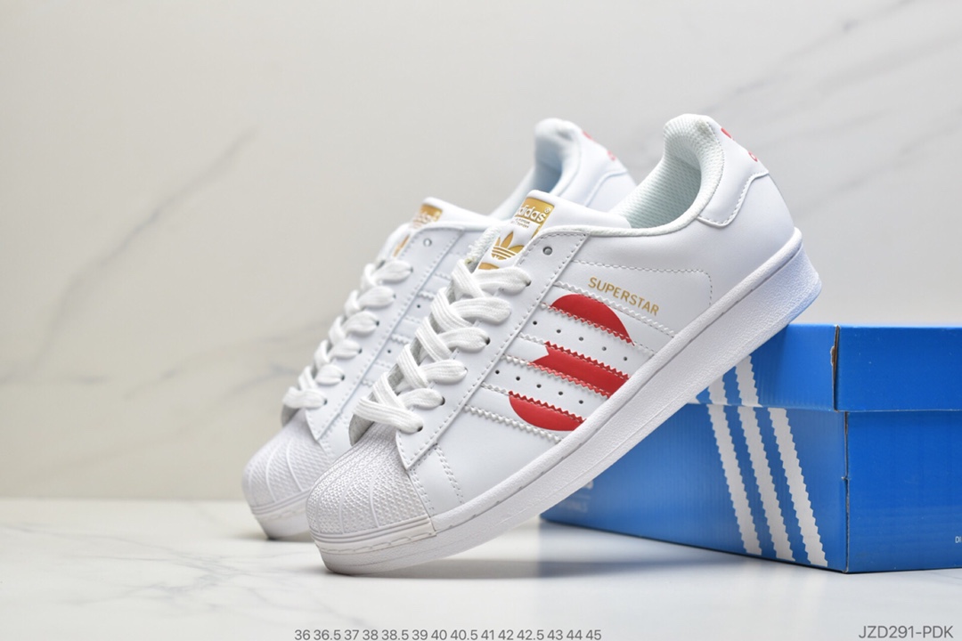 140 公司级阿迪达斯Adidas superstar“Valentine’s Day”贝壳头经典百搭休闲运动板鞋“皮革白红3杠爱心”EG3396