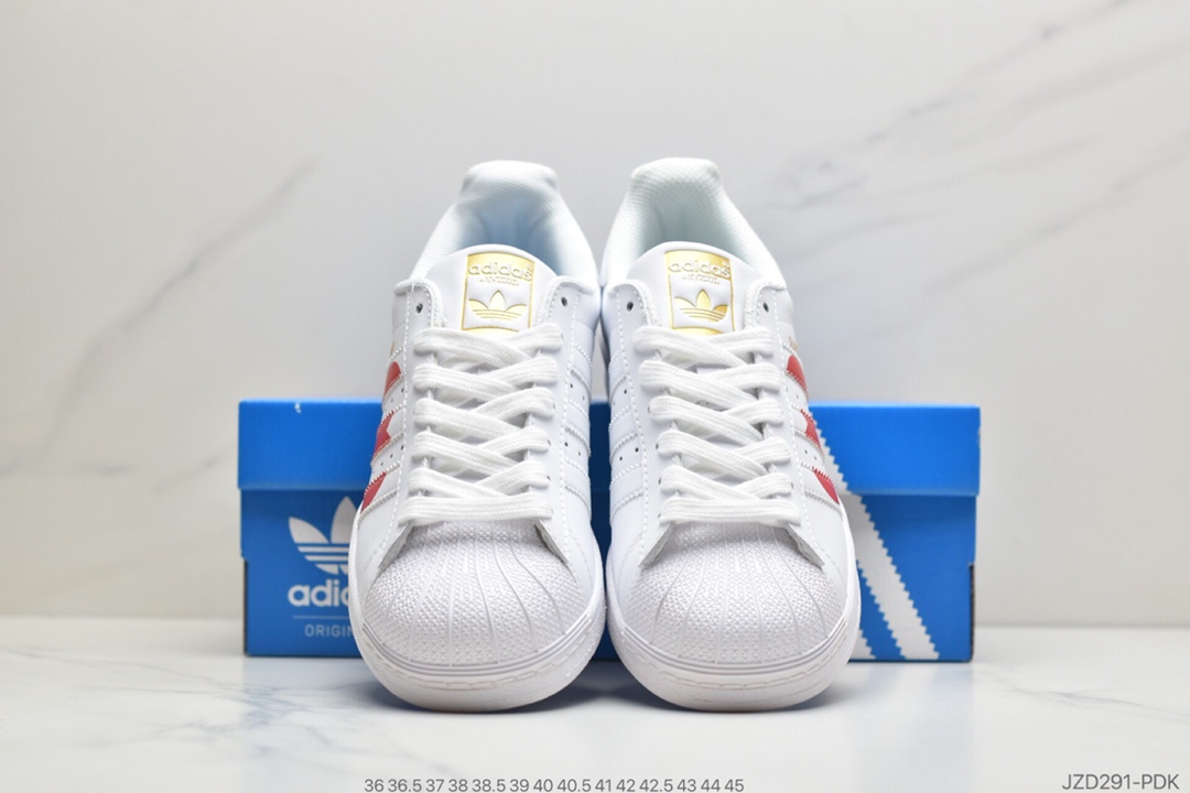 140 公司级阿迪达斯Adidas superstar“Valentine’s Day”贝壳头经典百搭休闲运动板鞋“皮革白红3杠爱心”EG3396