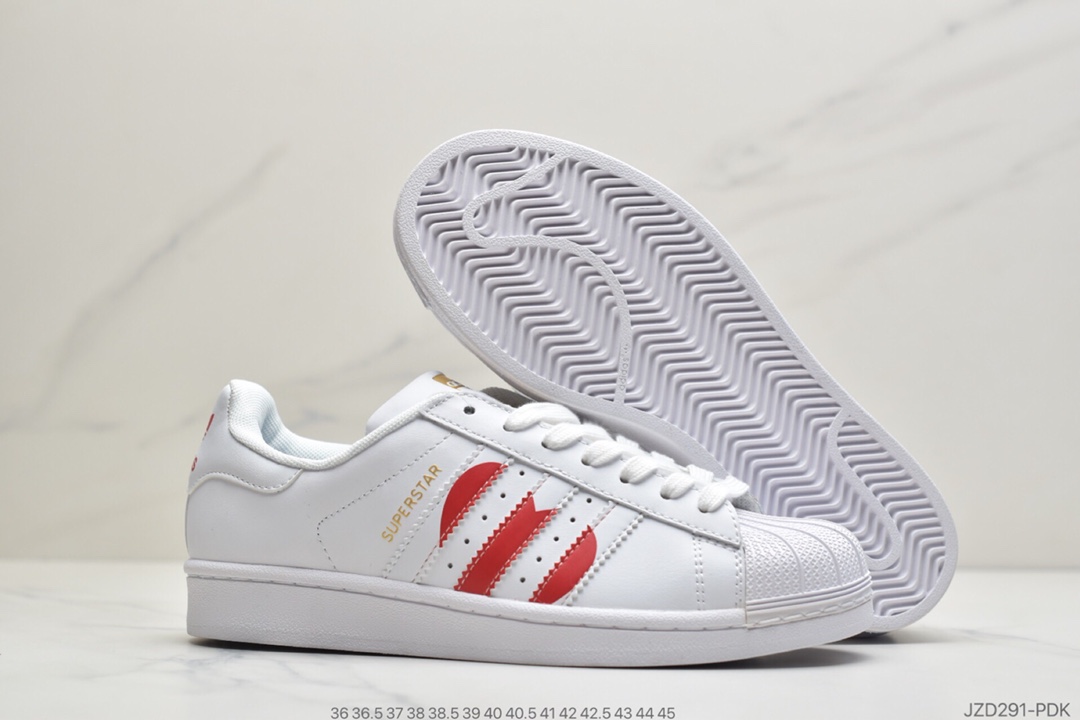 140 公司级阿迪达斯Adidas superstar“Valentine’s Day”贝壳头经典百搭休闲运动板鞋“皮革白红3杠爱心”EG3396