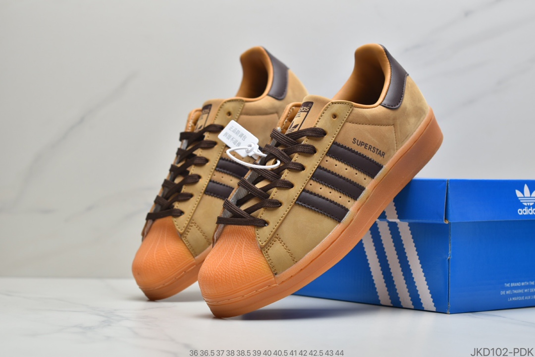 160 公司级头层软底Adidas三叶草Superstar贝壳头头层皮软蓝底情侣小麦色贝壳头板鞋FZ1947