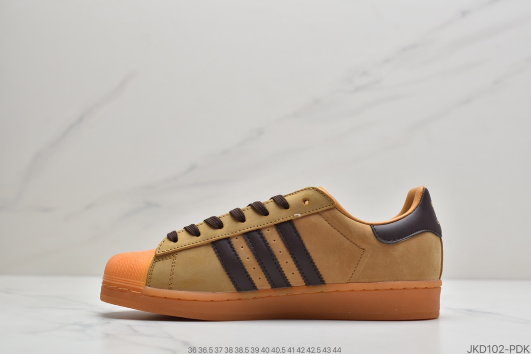160 公司级头层软底Adidas三叶草Superstar贝壳头头层皮软蓝底情侣小麦色贝壳头板鞋FZ1947