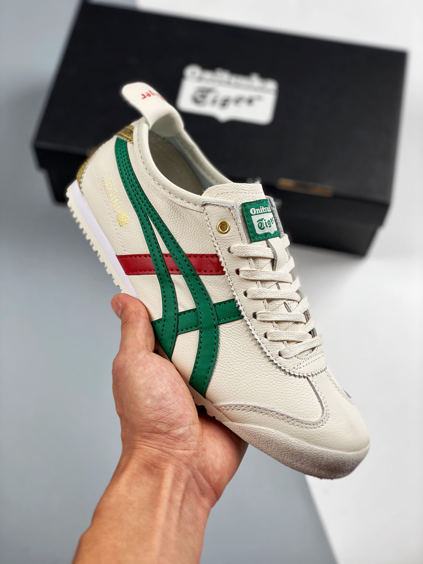 Asics Onitsuka Tiger color crema y verde, versión escaneable, etiqueta original de piel de cordero de primera capa, alt…