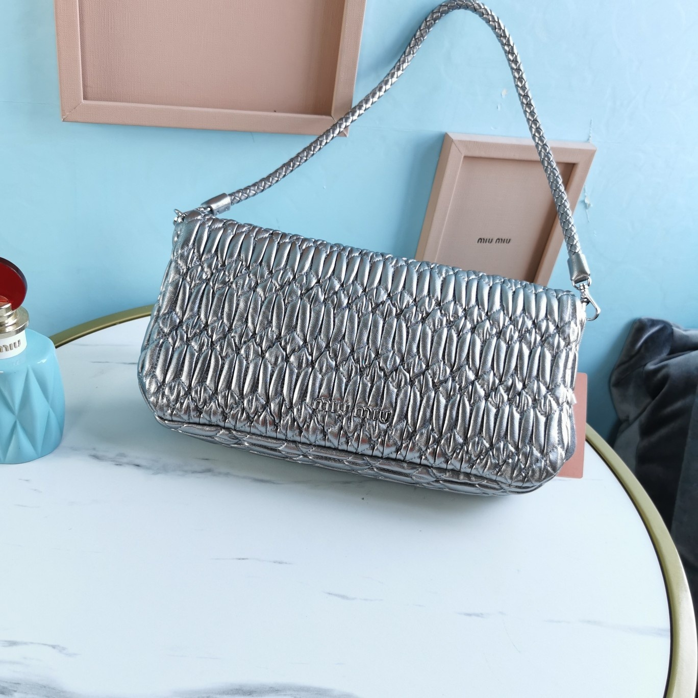 MIUMIU缪缪小提花皱褶凸纹压花钻石链条包5BD233