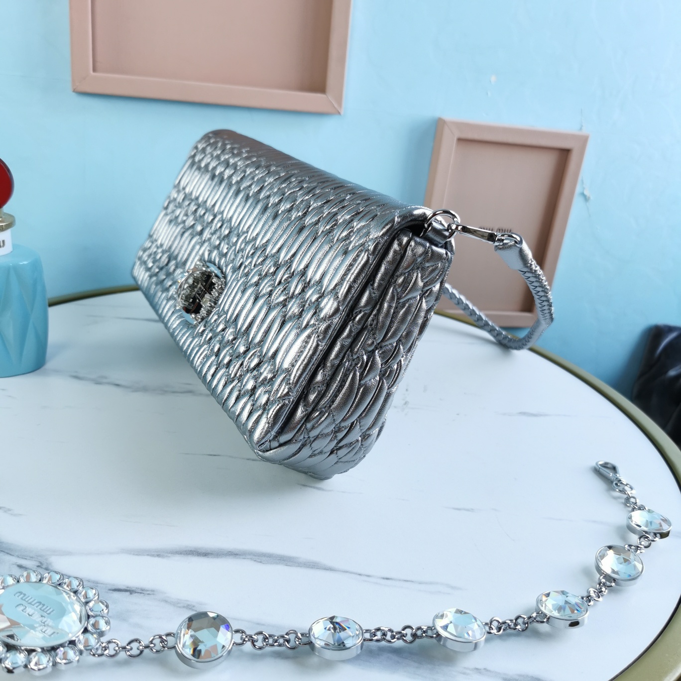 MIUMIU缪缪小提花皱褶凸纹压花钻石链条包5BD233