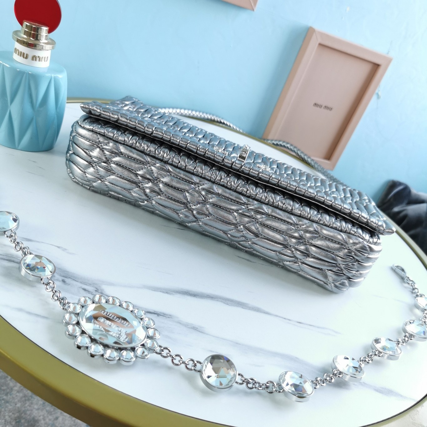 MIUMIU缪缪小提花皱褶凸纹压花钻石链条包5BD233