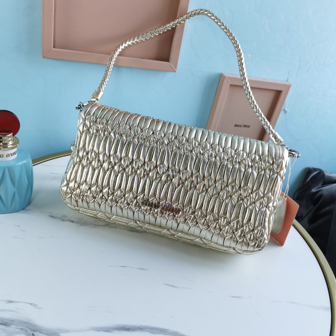 MIUMIU缪缪小提花皱褶凸纹压花钻石链条包5BD233