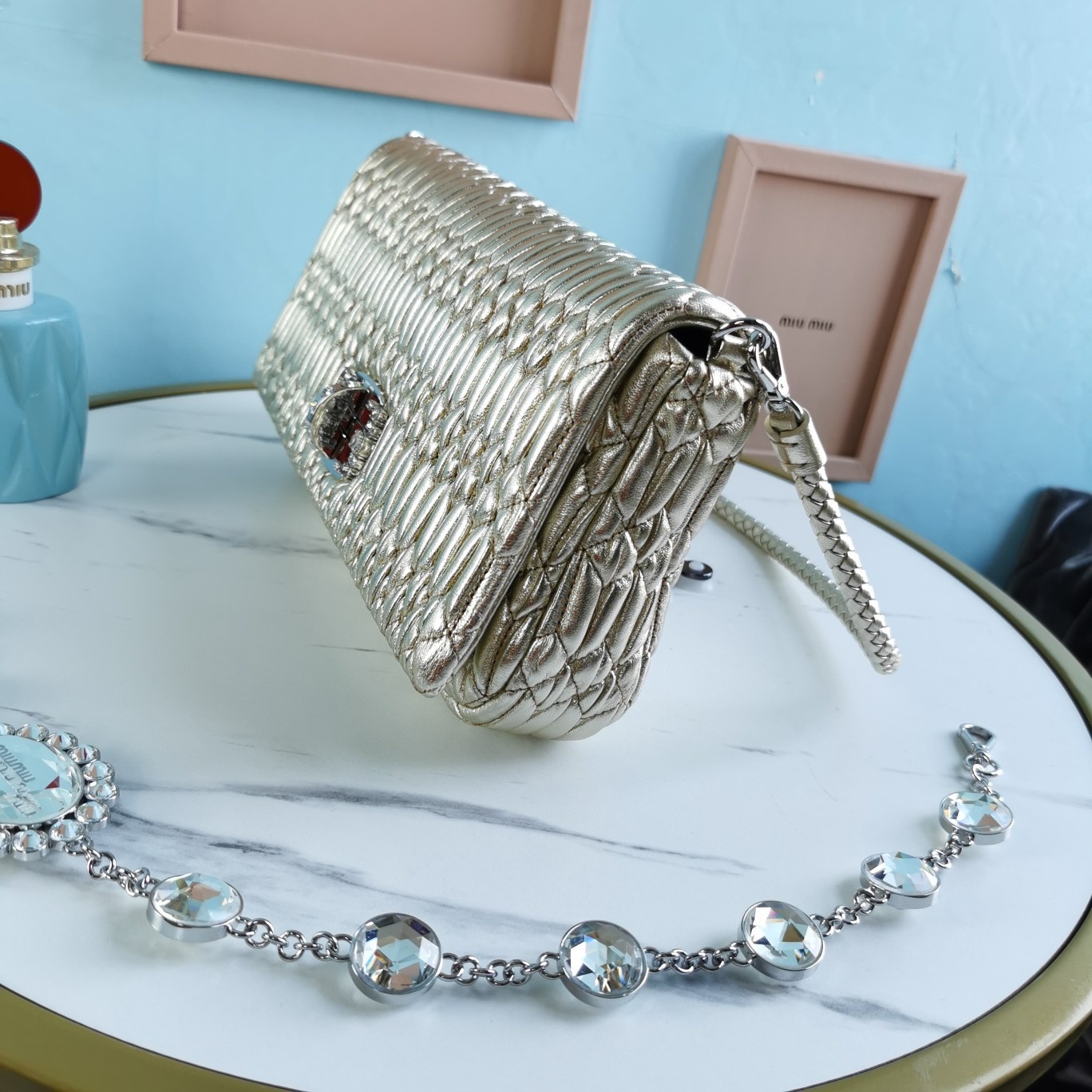 MIUMIU缪缪小提花皱褶凸纹压花钻石链条包5BD233