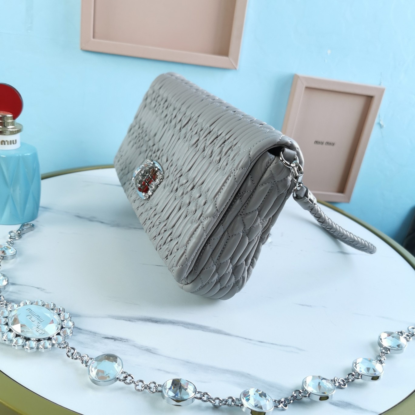 MIUMIU缪缪小提花皱褶凸纹压花钻石链条包5BD233