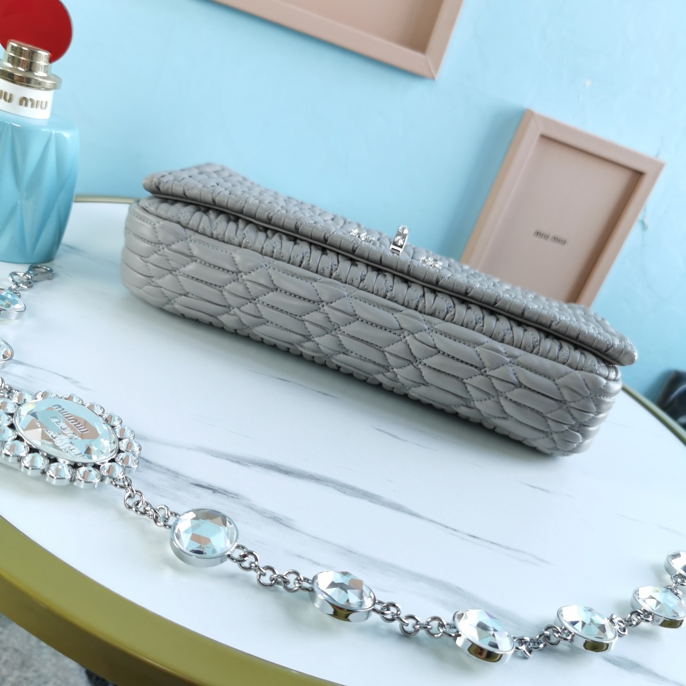 MIUMIU缪缪小提花皱褶凸纹压花钻石链条包5BD233