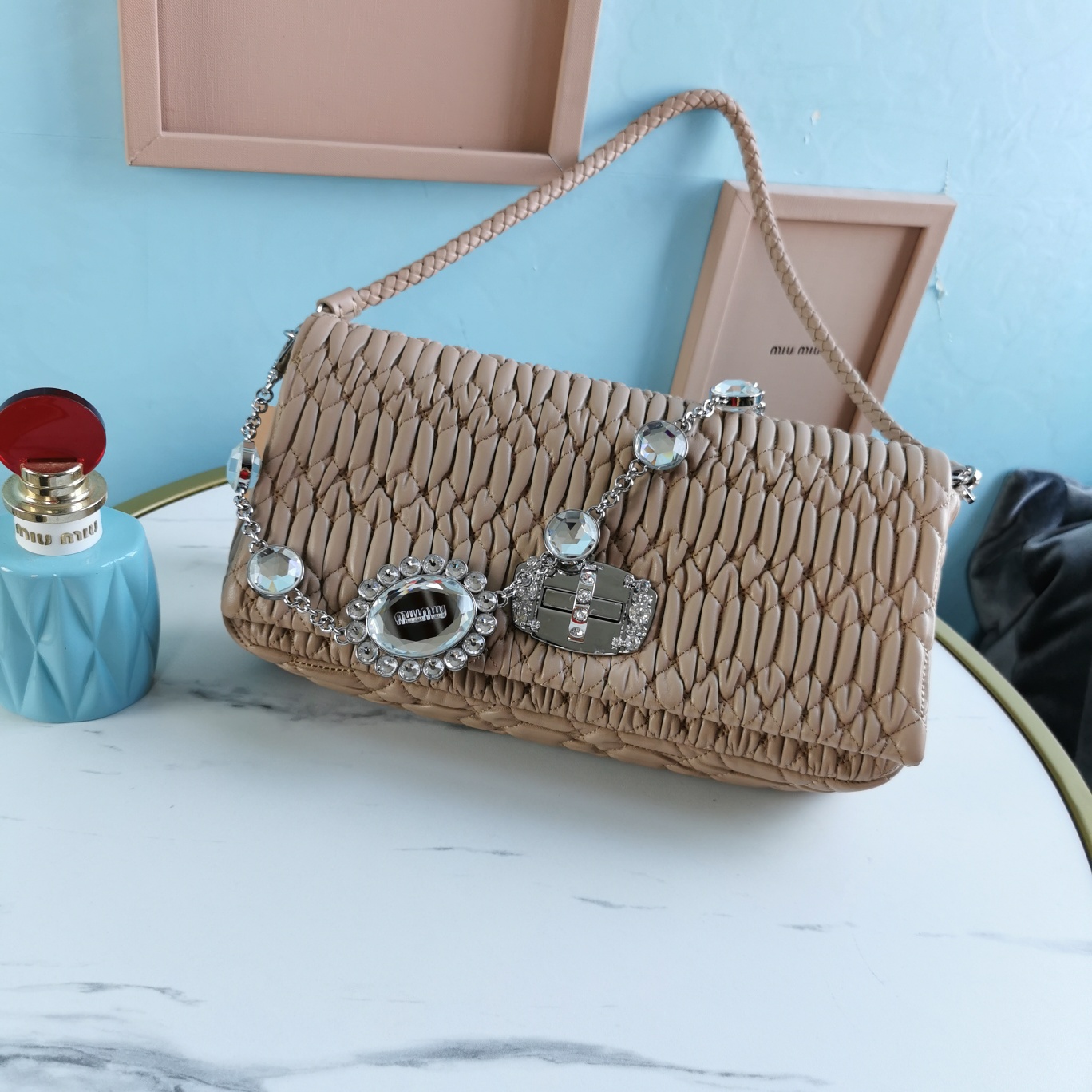 MIUMIU缪缪小提花皱褶凸纹压花钻石链条包5BD233