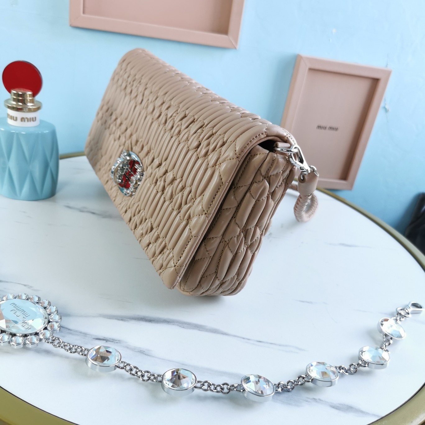 MIUMIU缪缪小提花皱褶凸纹压花钻石链条包5BD233