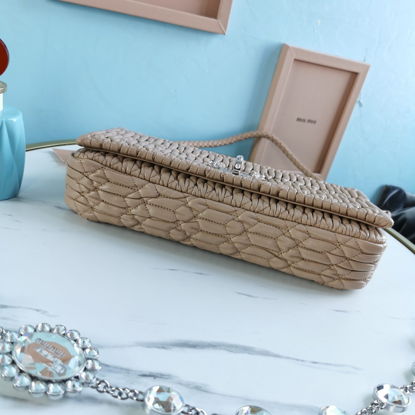 MIUMIU缪缪小提花皱褶凸纹压花钻石链条包5BD233