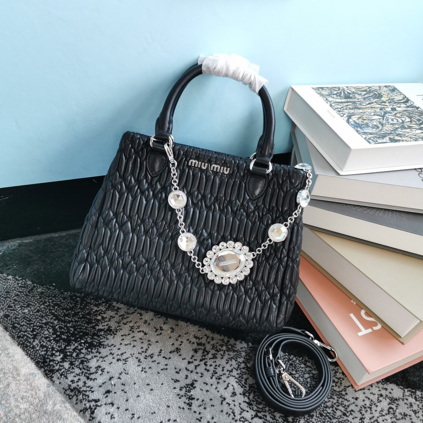 MIUMIU缪缪顶级进口CIoquel软羊皮新款水晶链钻包5BA067