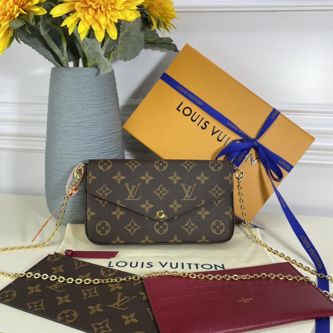 Louis Vuitton LV Pochette FeLicie Bags Handbags Gold Damier Azur Canvas Chains M61276