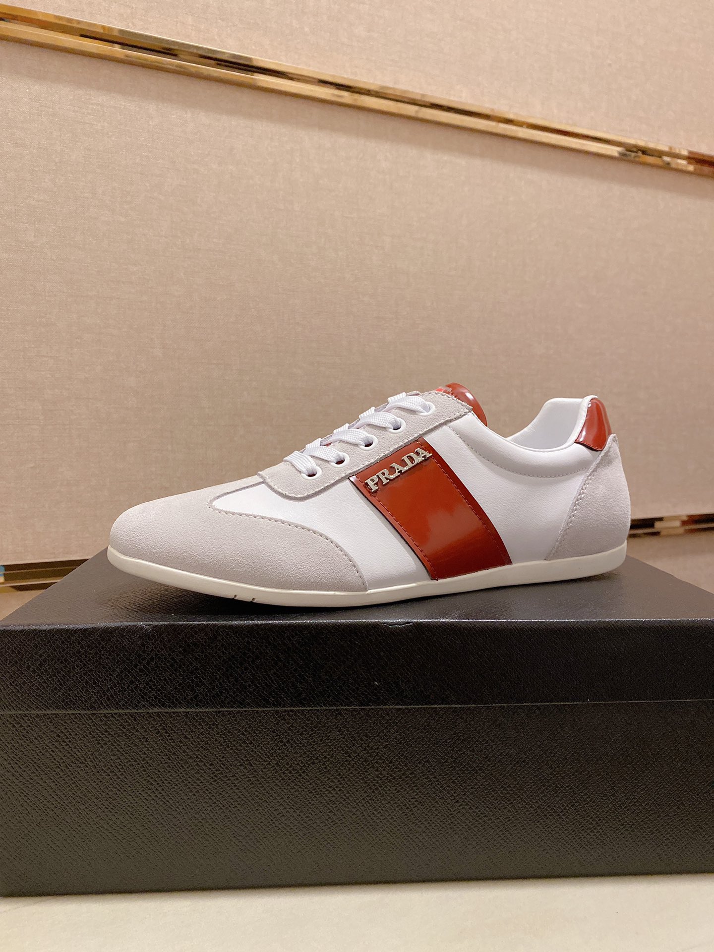 Prada Men's Leather and Suede Low-Top Sneakers - White & Brown, Size 38-44